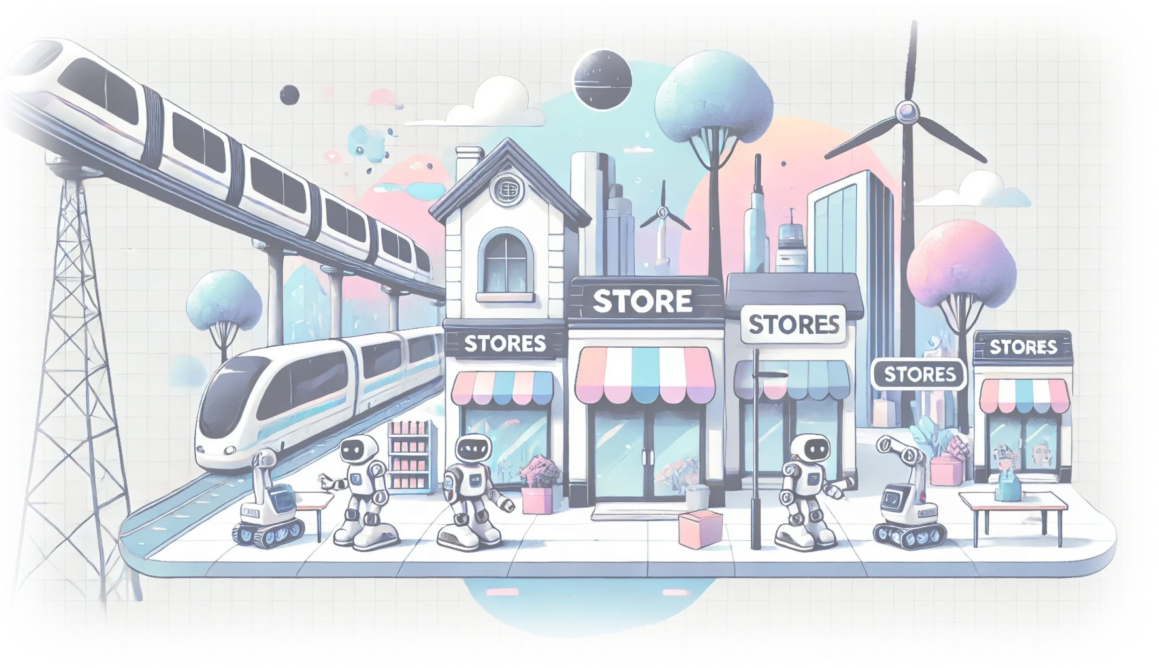 Illustration of a futuristic world with lots of robots working at stores